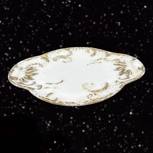Antique White Milk Glass Dresser Vanity Tray w Painted Embossed Gold Paint Large - Picture 6 of 9